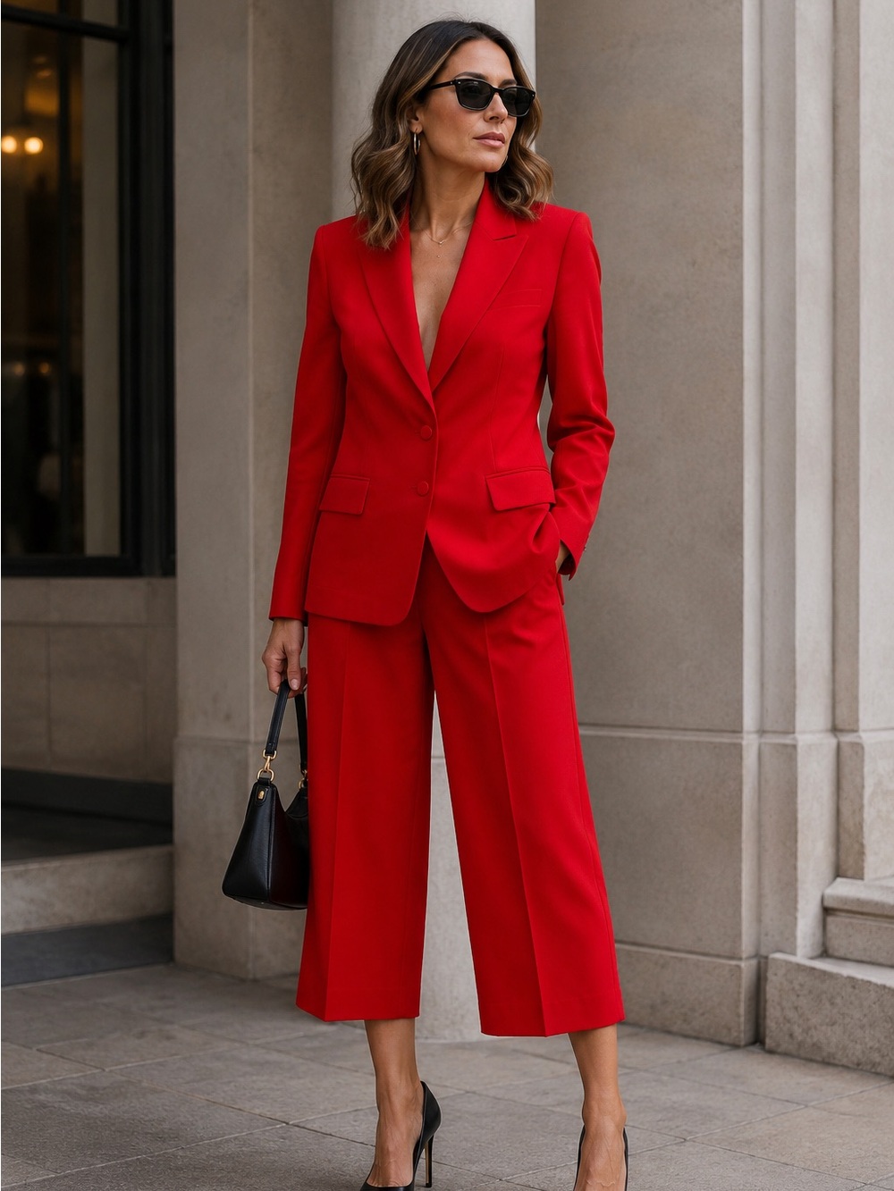 Lafayette 148 New York Red Power Suit Set Blazer & Wide Leg Cropped Pants US 10